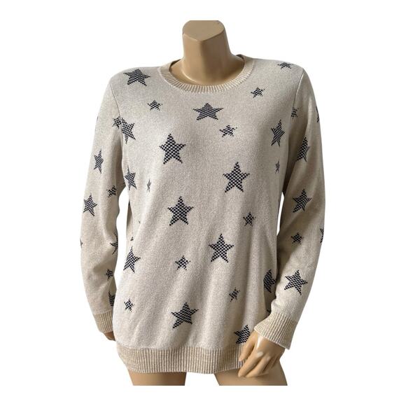 CHARTER CLUB Womens Size Large Sparkly Gold Black Star Print Pullover Sweater - Picture 1 of 6